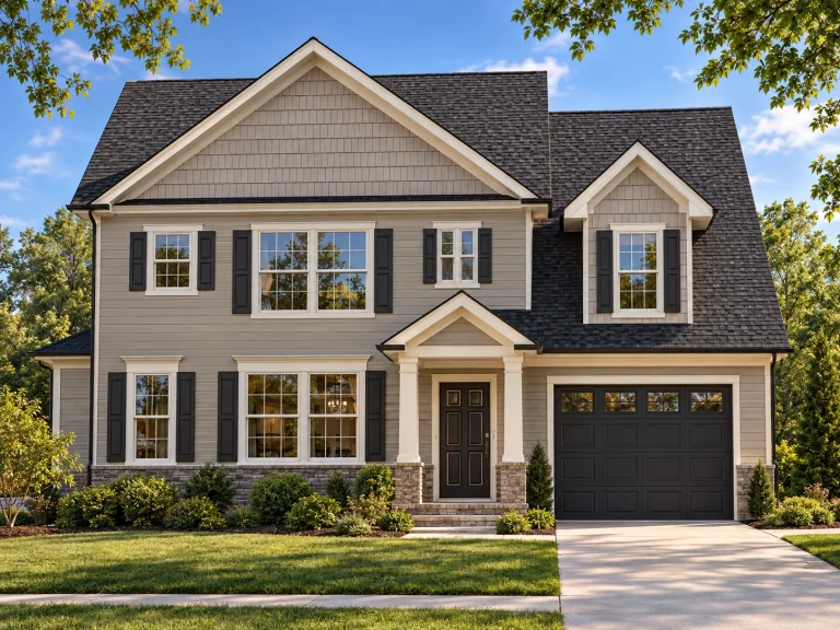 House Plans with Patios 19 Front view of a two-story Traditional Colonial home featuring horizontal lap siding, black shutters, stone wainscoting, and an attached single-car garage.
