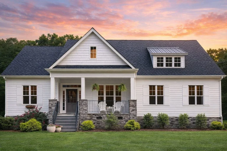 Front view of a Cottage Craftsman style home featuring gray horizontal siding, stone accents, white trim, and a welcoming covered porch with seating.