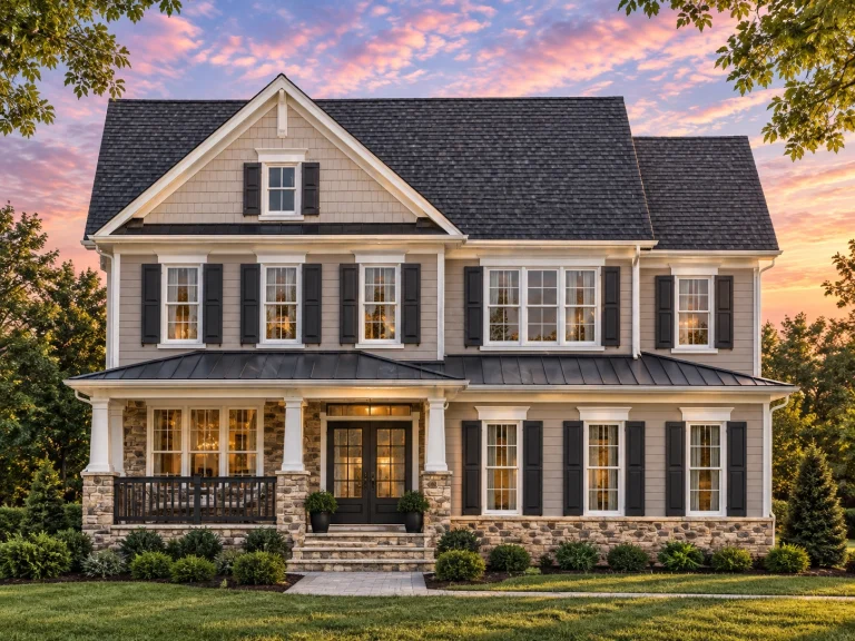 Front elevation of a New American style home with horizontal siding, stone accents, symmetrical windows, and a covered porch
