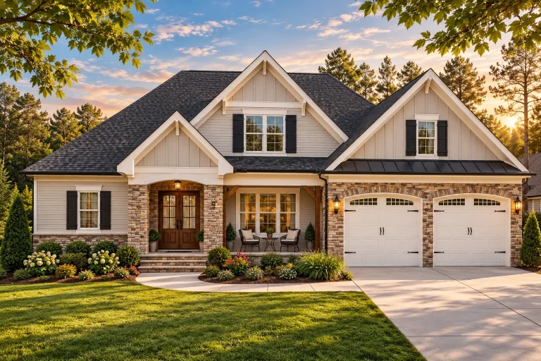 House Plans with Outdoor Kitchen 2 Front elevation of Traditional Craftsman style home with stone veneer, horizontal lap siding, gabled rooflines, and two-car garage