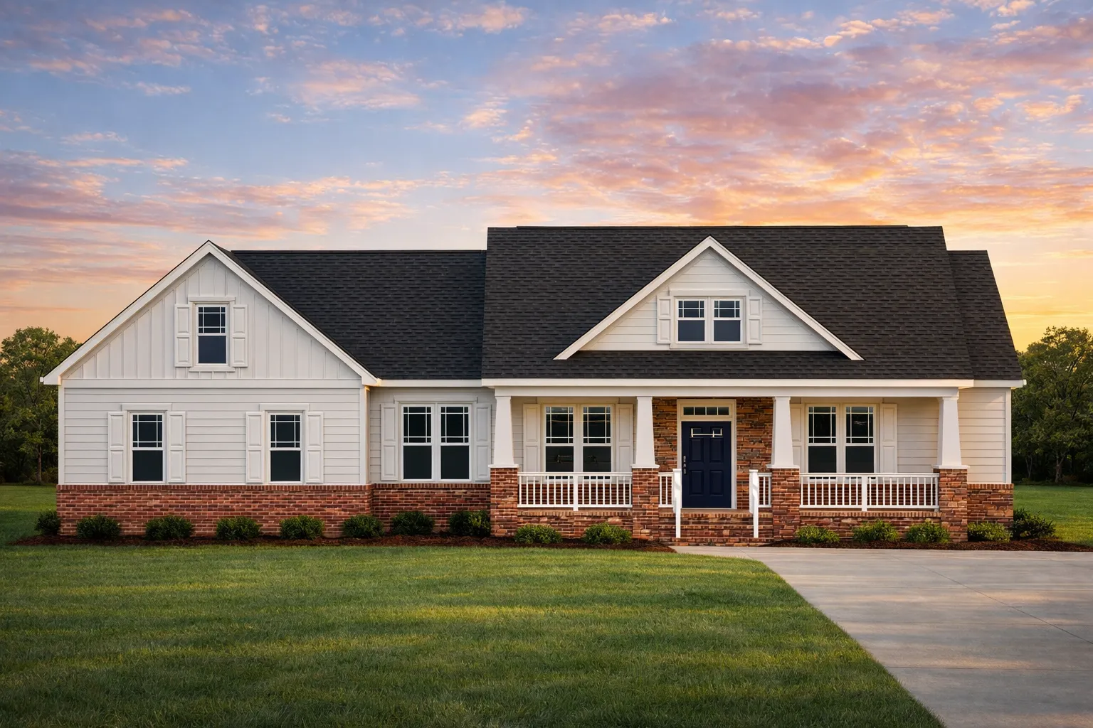 Front elevation of a Modern Farmhouse Craftsman style home featuring board and batten, lap siding, and brick porch bases