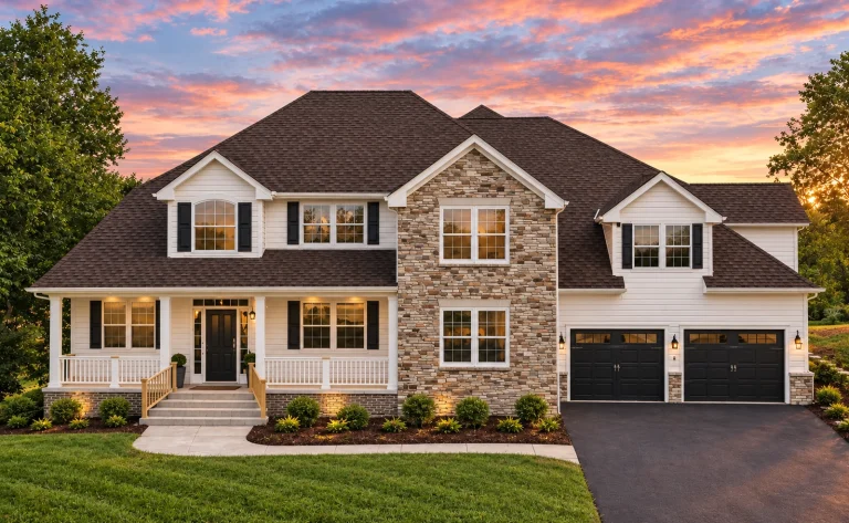 Front elevation of a Traditional Colonial style home with brick exterior, symmetrical windows, covered porch, and attached two-car garage