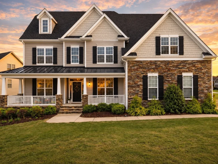 Front elevation of a New American Neo-Colonial style home with horizontal siding, stone veneer accents, covered porch, and balanced window symmetry