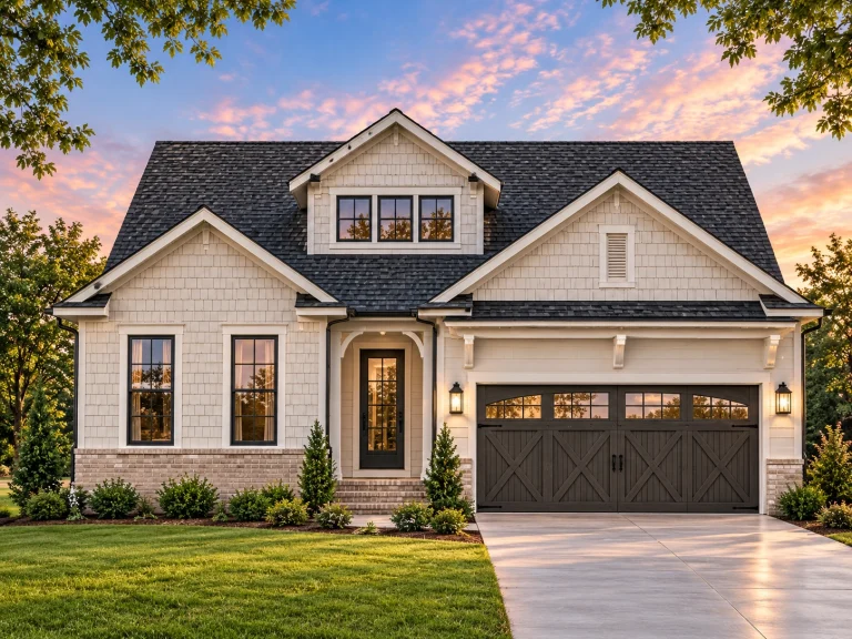 Front elevation of a Modern Farmhouse home featuring white lap siding, brick water table, dark roof, and wood-style garage door