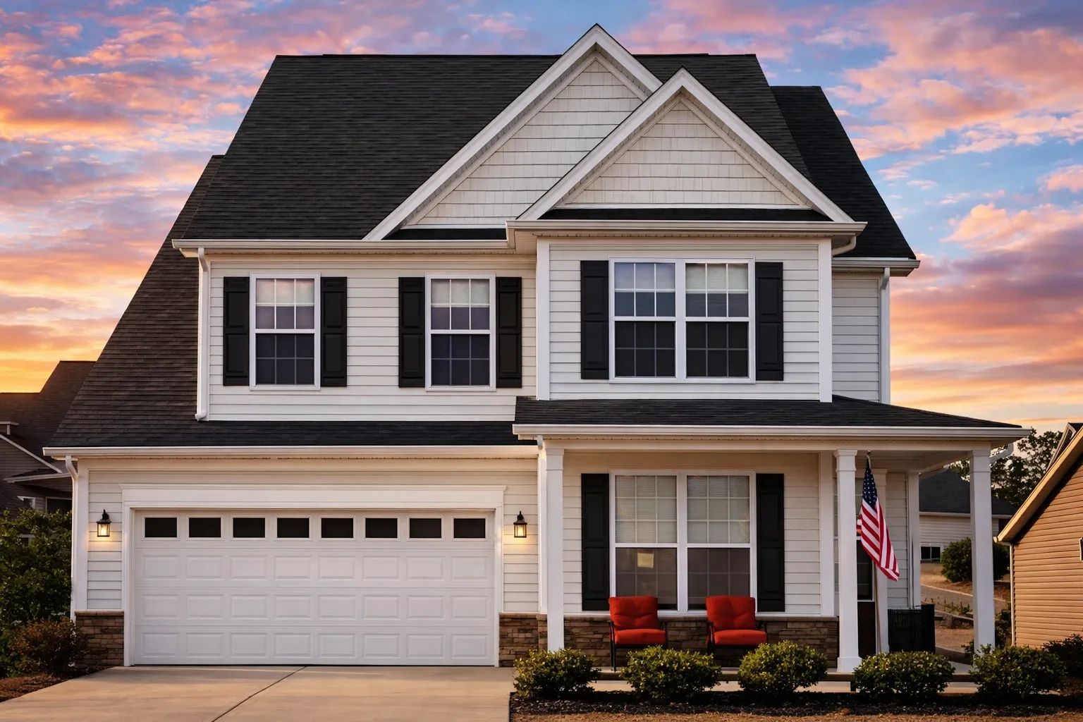Front view of a Traditional Colonial home with navy horizontal lap siding, stone base accents, white trim, and burgundy shutters under a steep gabled roof