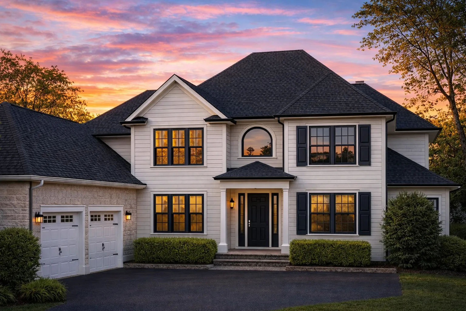 4 Bedroom House Plans 14 Front elevation of a New American Modern Traditional house featuring horizontal siding, stone accents, symmetrical windows, and a centered covered entry