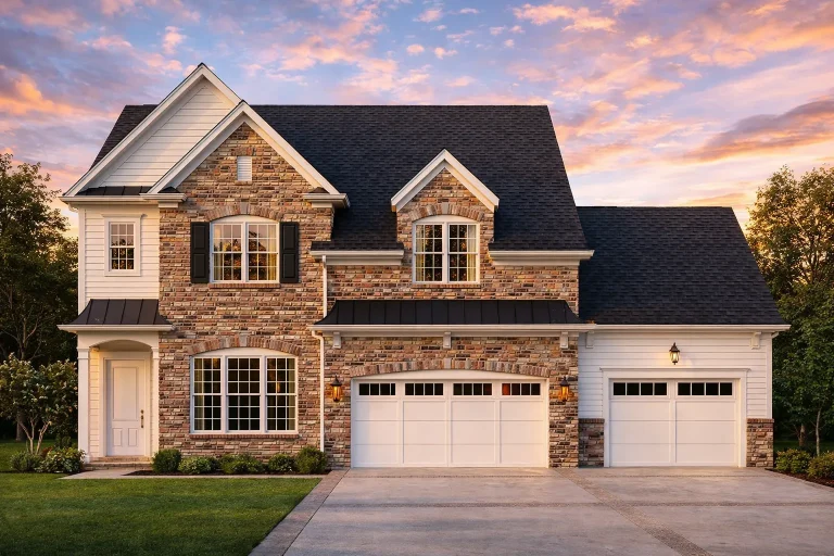 House Plans with Basement Garage 15 Front elevation of a Traditional Colonial style home featuring horizontal lap siding, stone wainscoting, and a welcoming covered entry with symmetrical windows and dormers.