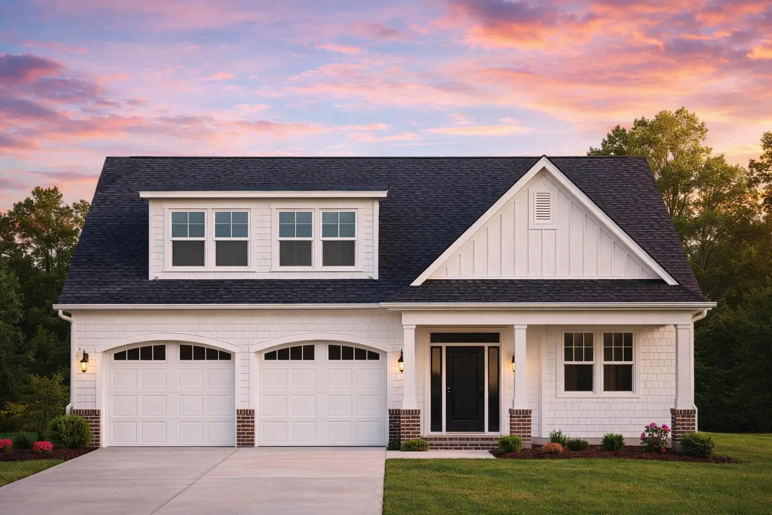 Front elevation of a Modern Farmhouse style home featuring board and batten with horizontal lap siding, dark roof, and double garage