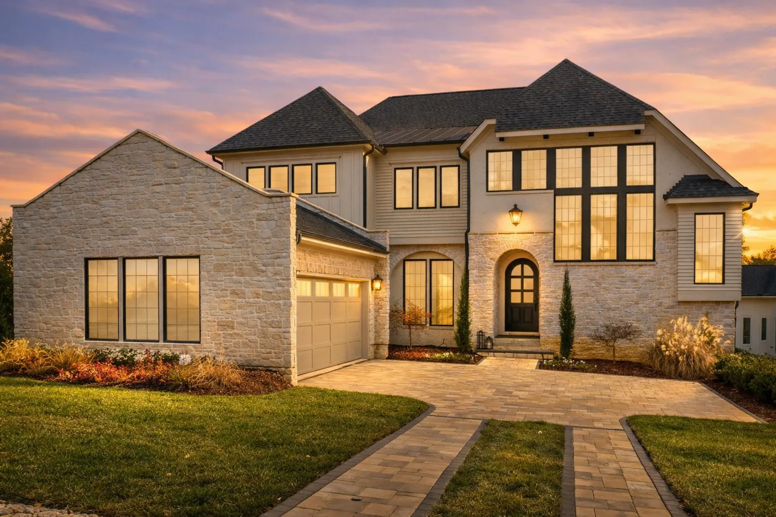 Front exterior of a New American style luxury home with stone façade, tall vertical windows, arched entry, and modern traditional detailing