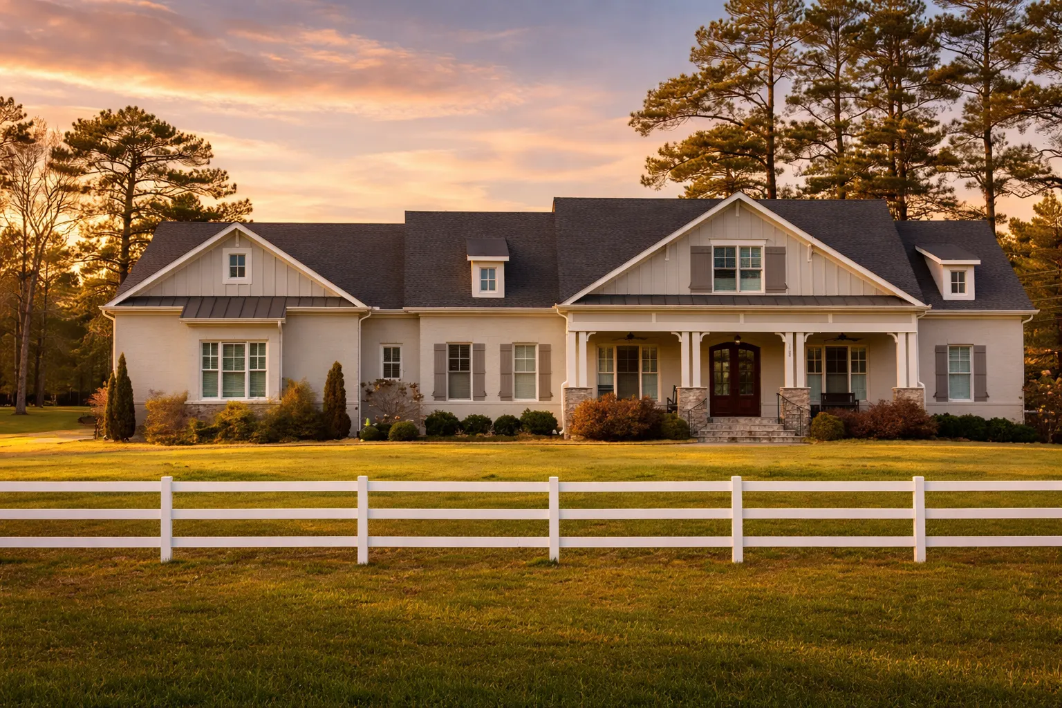 Front elevation of a New American Modern Traditional ranch home with horizontal siding, stone porch columns, black shutters, and a welcoming covered entry