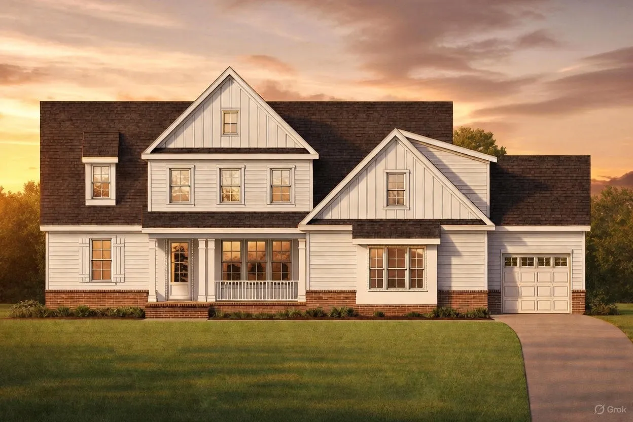 Front elevation of a Modern Farmhouse style home with white board and batten siding, dark gable roof, symmetrical windows, and an attached garage