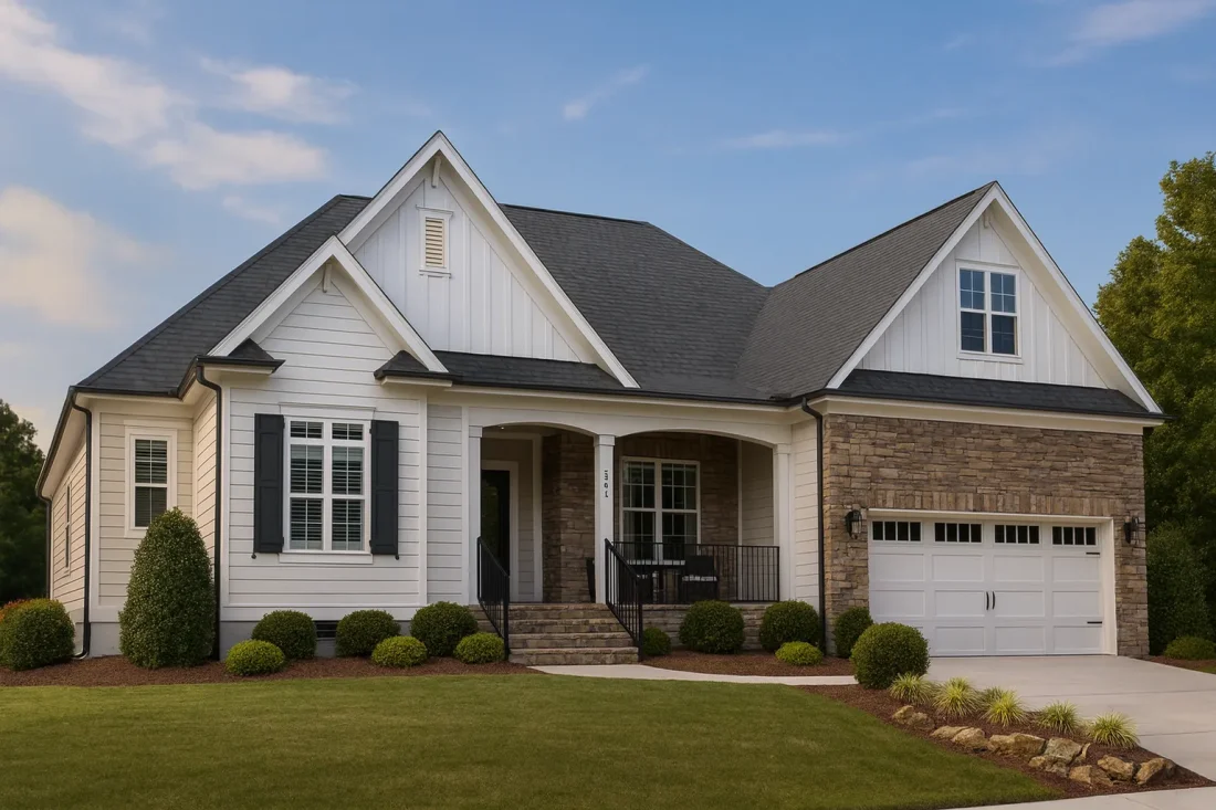 Front elevation of a Traditional Craftsman home featuring horizontal lap siding, shake gables, brick porch base, and classic architectural detailing