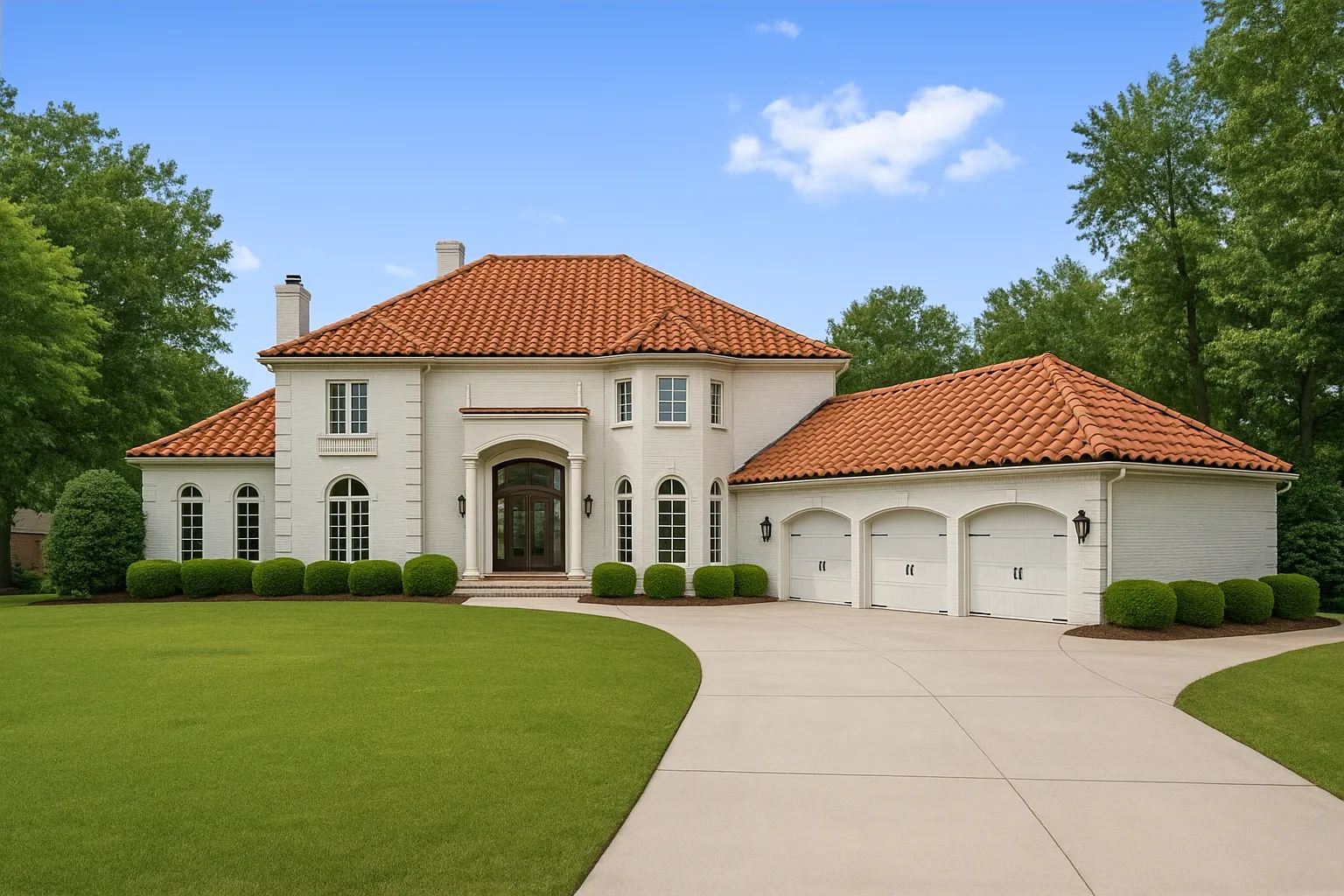 Front elevation of a Mediterranean Neoclassical style home with smooth stucco exterior, red clay tile roof, symmetrical façade, and arched entry