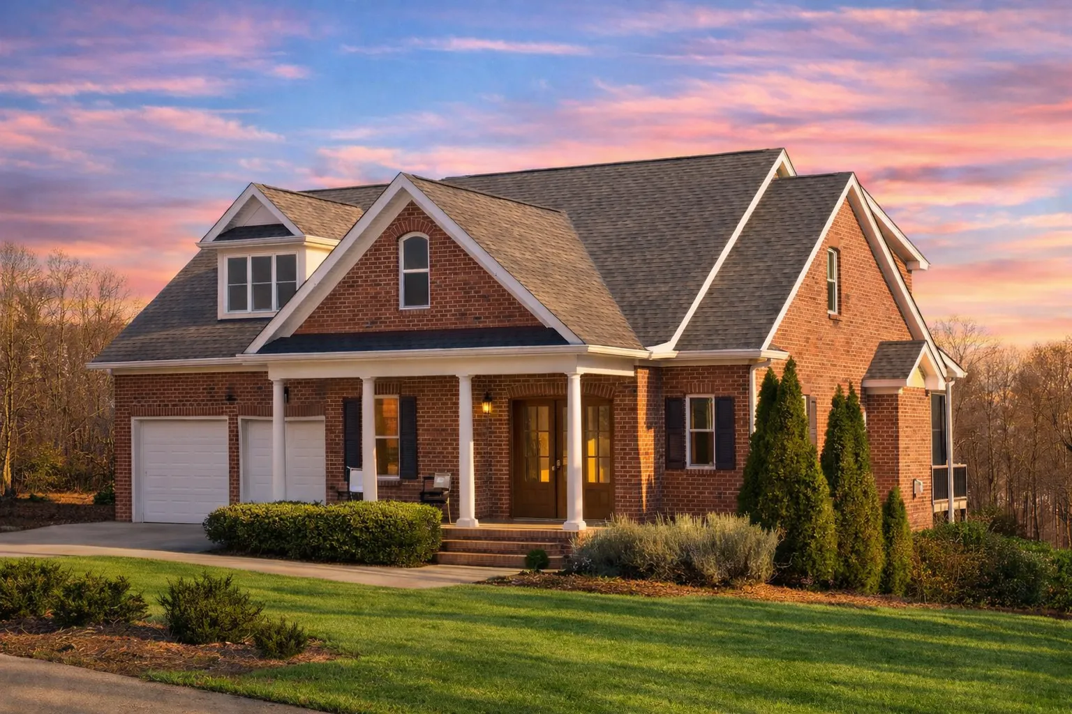 Front exterior view of a Traditional Colonial style home with full brick facade, gabled roof, shutters, and covered front porch