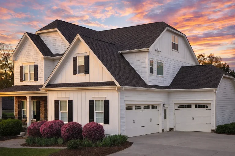 Front elevation of a Modern Farmhouse with white board and batten siding, black windows, gabled rooflines, and three-car garage