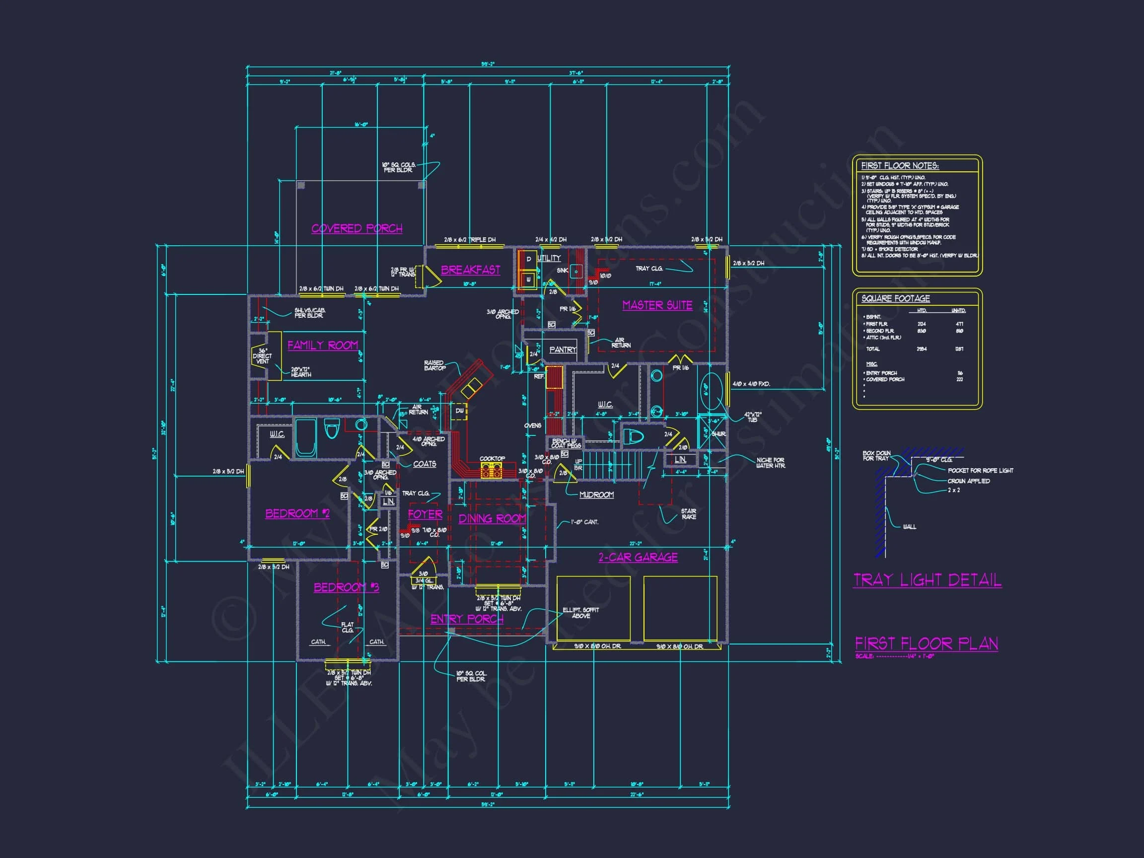 13-1194 HOUSE PLAN - Traditional Craftsman House Plan - 3-Bed, 2-Bath, 2,984 SF 28 1.5-Story House Plan with Open Layout and CAD Blueprints