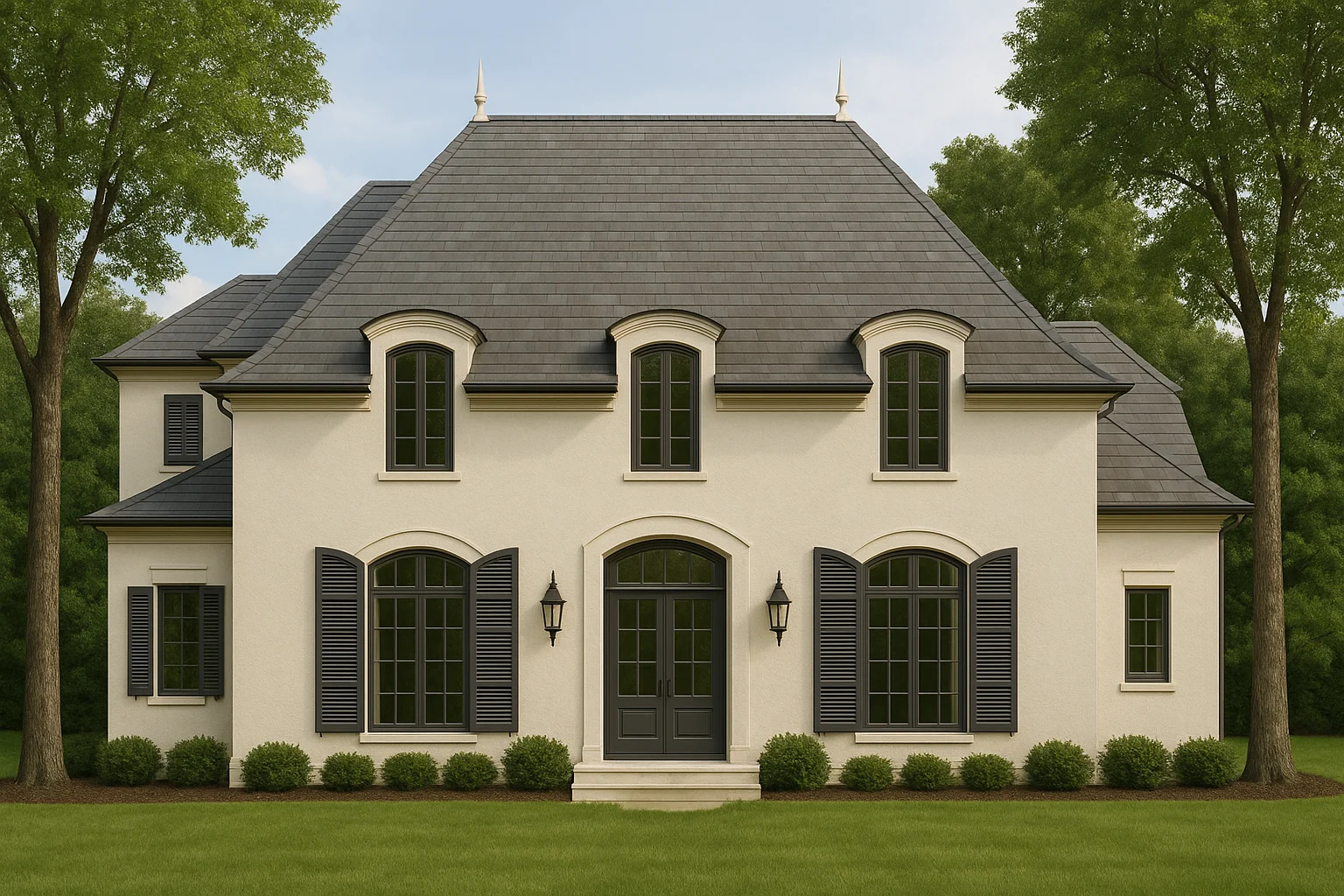 Front elevation of a French Provincial style home featuring stucco exterior, steep hipped roof, arched windows, and classic European symmetry
