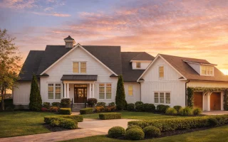 Front elevation of a New American Modern Traditional house with brick exterior, horizontal siding, gabled rooflines, and landscaped suburban setting