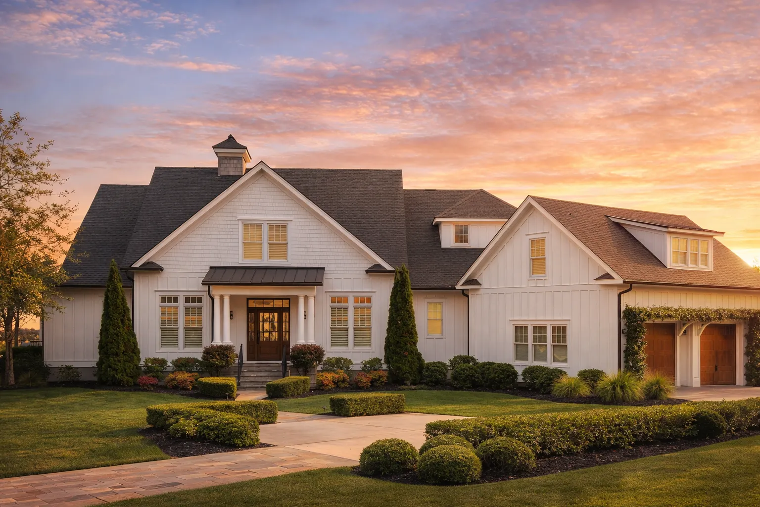 Front elevation of a New American Modern Traditional house with brick exterior, horizontal siding, gabled rooflines, and landscaped suburban setting