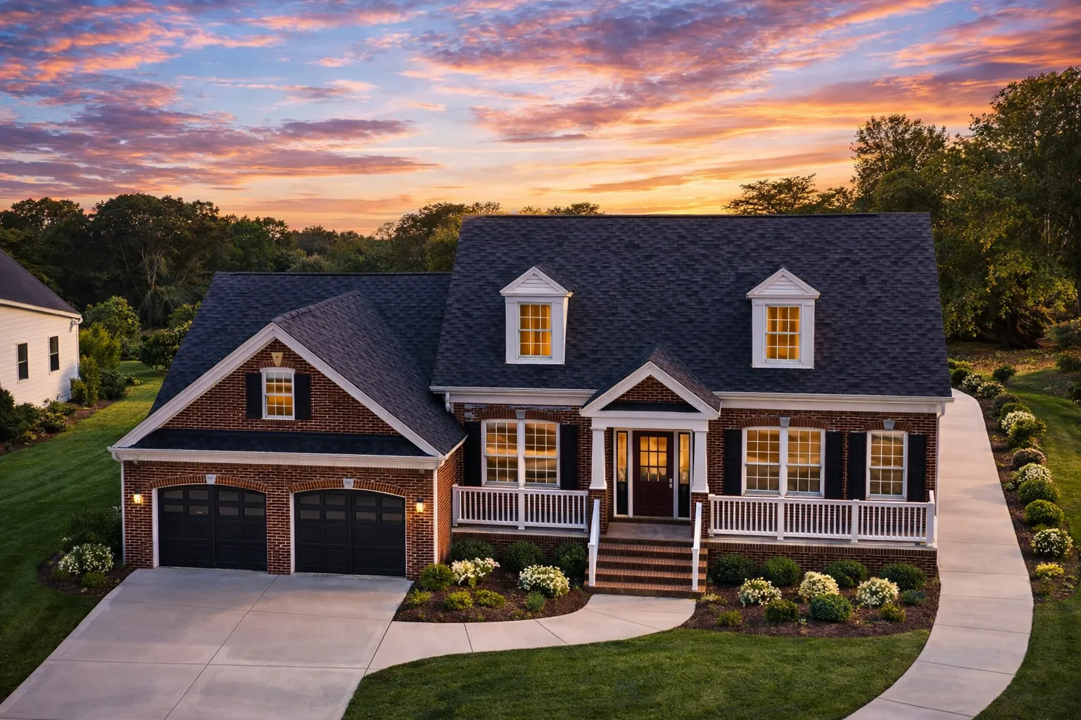 Front elevation of a Cape Cod style home with horizontal siding, brick foundation, dormer windows, and a welcoming covered front porch