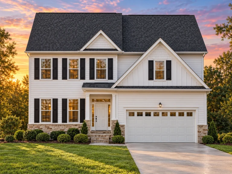 Front elevation of a Traditional Colonial style home featuring horizontal siding, red shutters, stone accent base, and a double garage with gabled rooflines