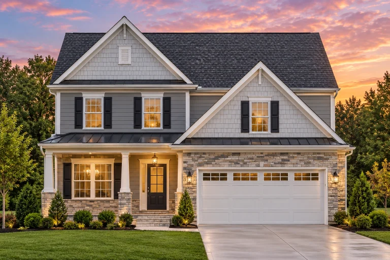 Front view of a Traditional Colonial and New American style home featuring a mix of stone and horizontal lap siding with black shutters and a covered front porch