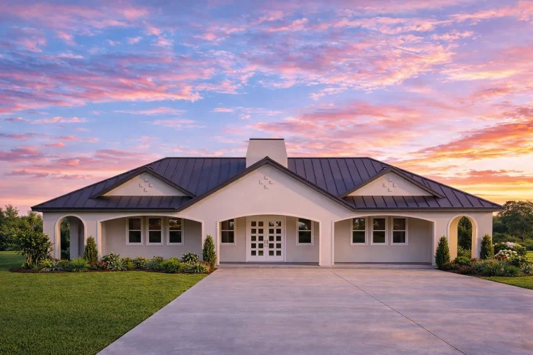 Front elevation of Modern French Country style home with smooth stucco exterior, black standing seam metal roof, symmetrical windows, and arched porch entry