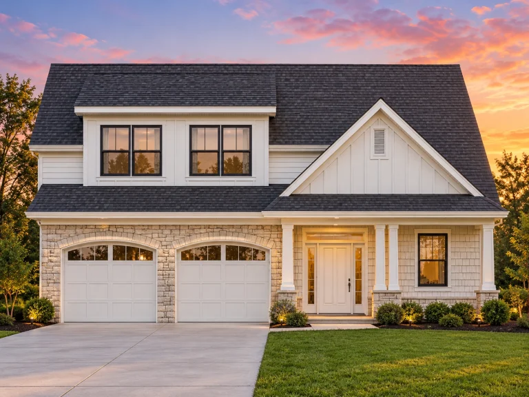 Front elevation of a Modern Farmhouse style home featuring board and batten with horizontal lap siding, dark roof, and double garage