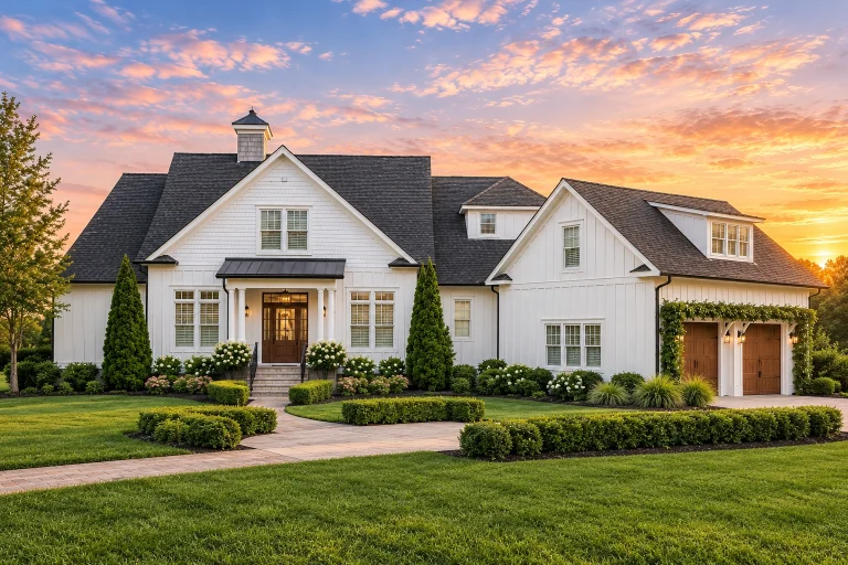 Front elevation of a New American Modern Traditional house with brick exterior, horizontal siding, gabled rooflines, and landscaped suburban setting