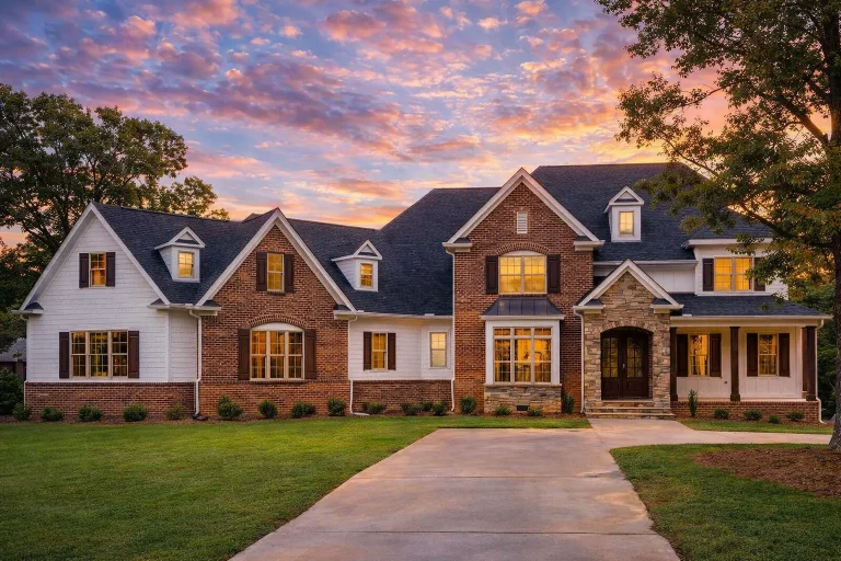 Front elevation of a Traditional Colonial style brick home with symmetrical façade, gabled rooflines, classic shutters, and formal entry