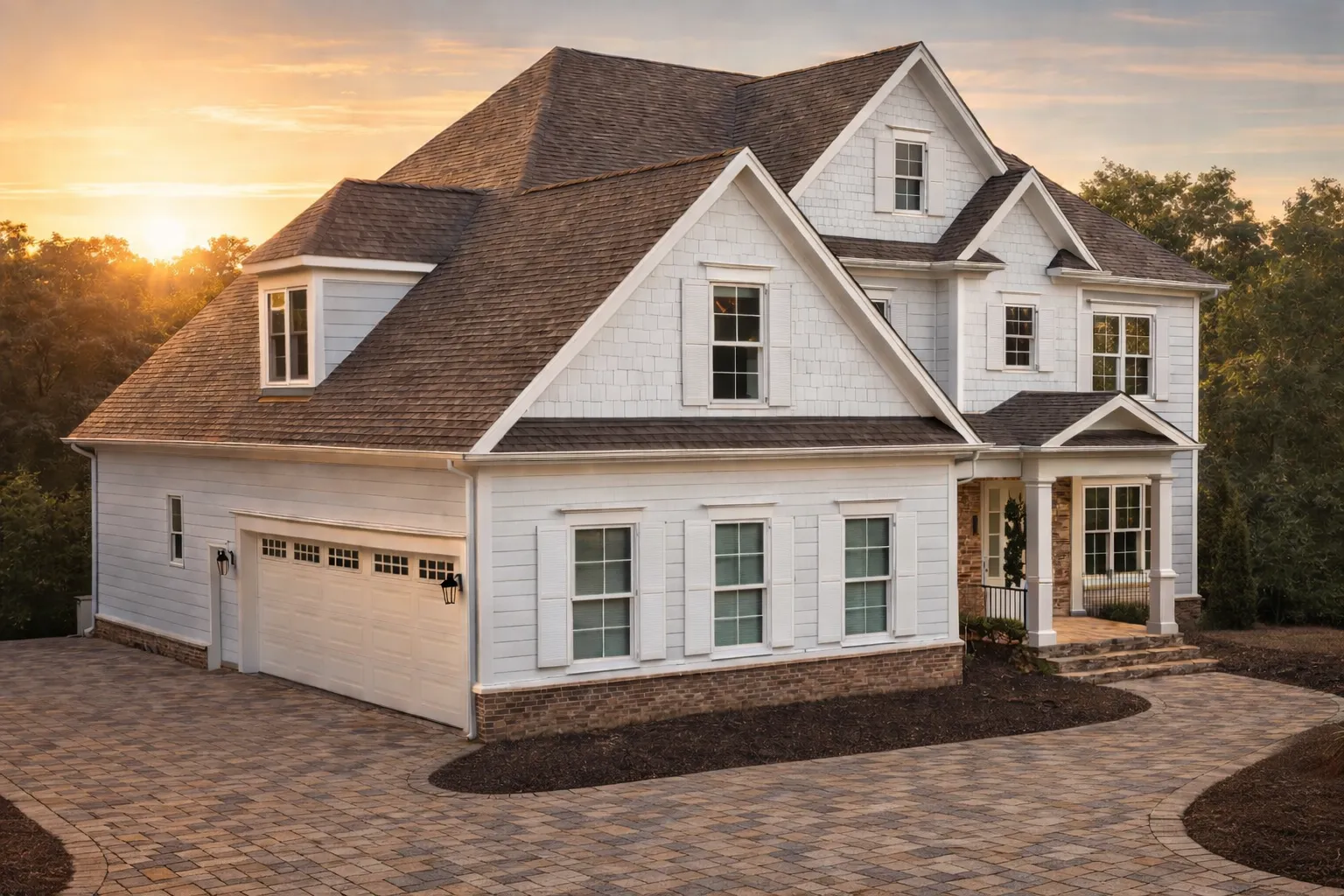 Front elevation of Coastal Traditional style home with white horizontal lap siding, brick foundation accents, gabled rooflines, and double garage