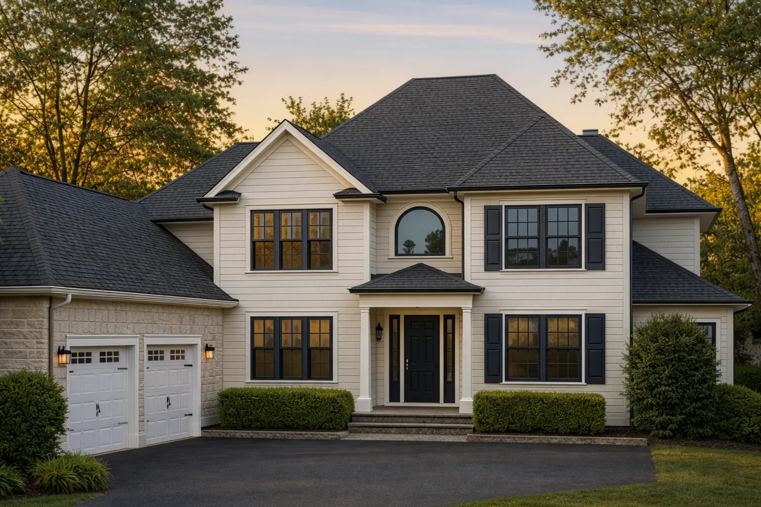 Front elevation of a New American Modern Traditional house featuring horizontal siding, stone accents, symmetrical windows, and a centered covered entry