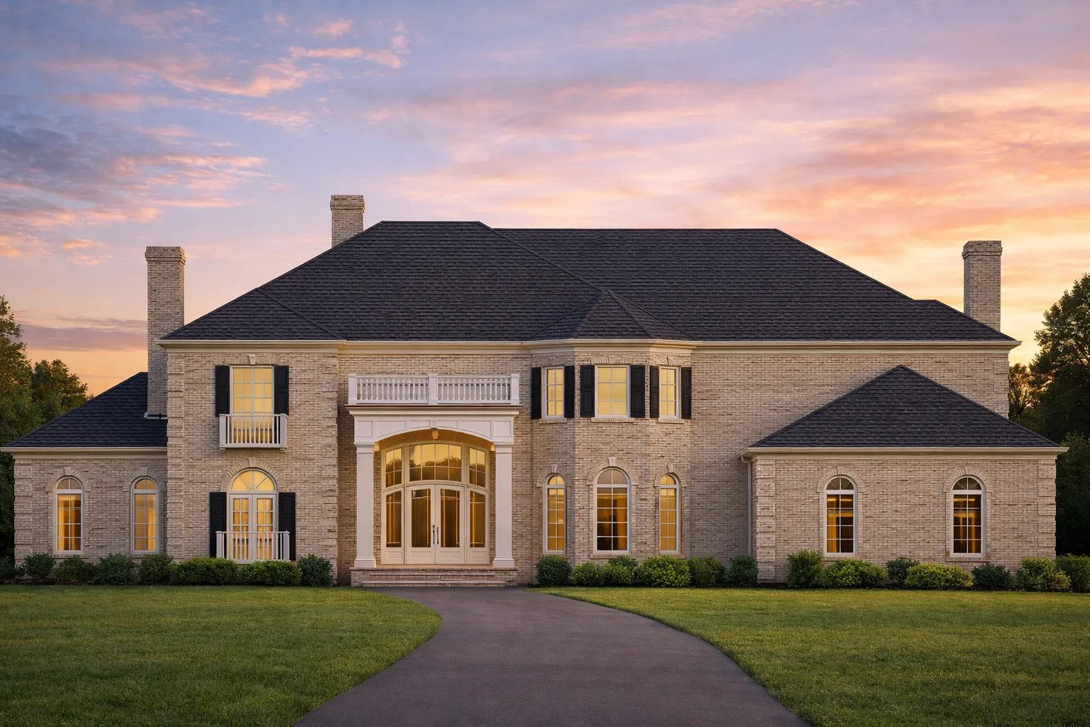 Front elevation of a Mediterranean Neoclassical style home with smooth stucco exterior, red clay tile roof, symmetrical façade, and arched entry