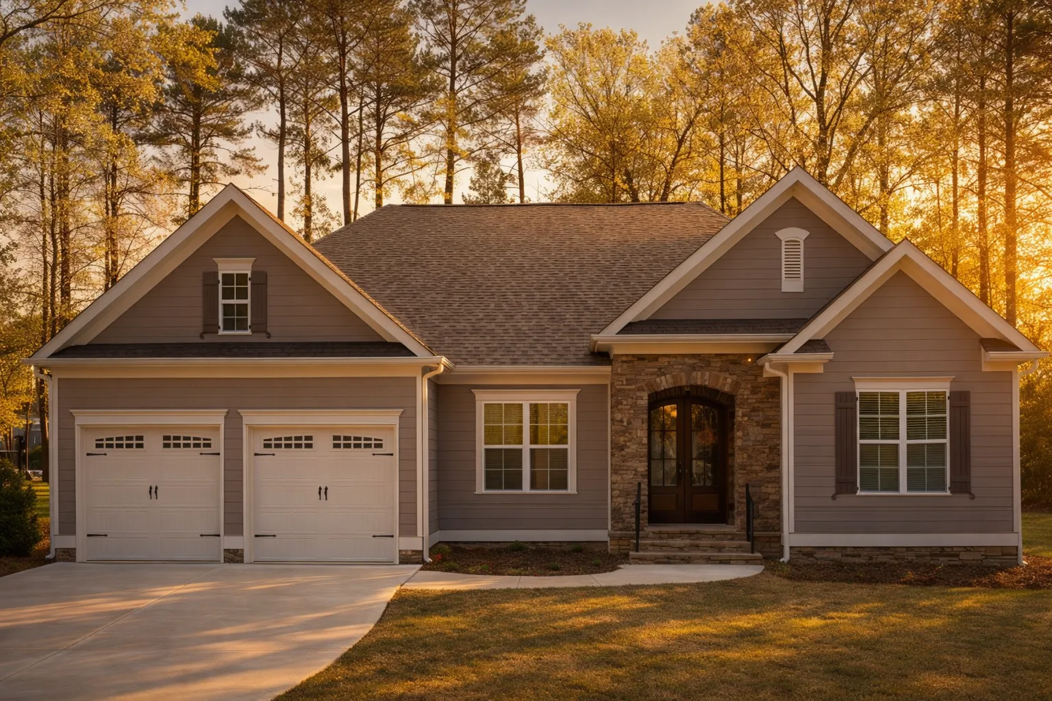 Front elevation of Traditional Ranch style home with horizontal lap siding, stone entry accent, and attached two-car garage