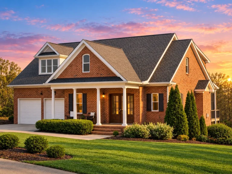 Front exterior view of a Traditional Colonial style home with full brick facade, gabled roof, shutters, and covered front porch
