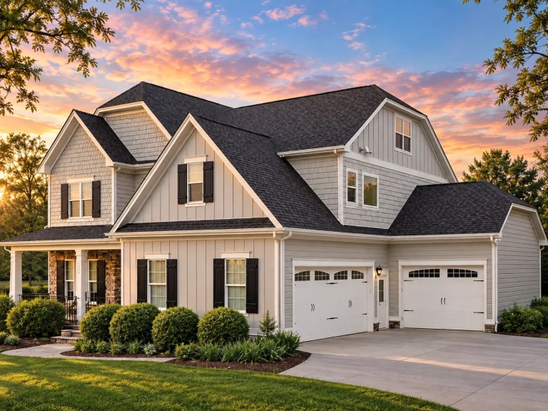 Mid-Size House Plans 4 Front elevation of a Modern Farmhouse with white board and batten siding, black windows, gabled rooflines, and three-car garage