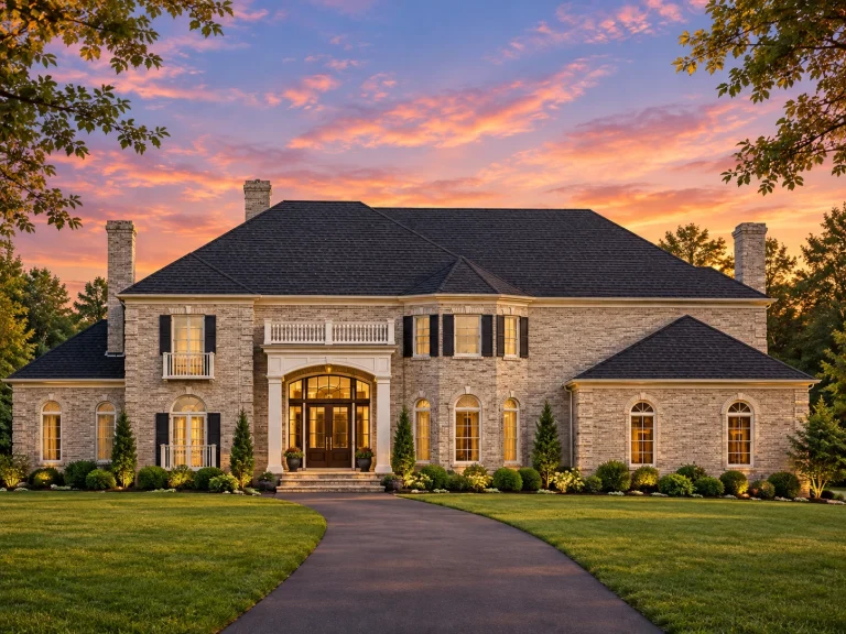 Front elevation of a Mediterranean Neoclassical style home with smooth stucco exterior, red clay tile roof, symmetrical façade, and arched entry