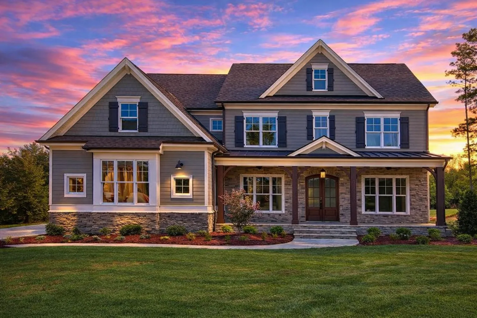Front elevation of a New American Modern Traditional house featuring stone accents, horizontal siding, gabled rooflines, and a covered front porch