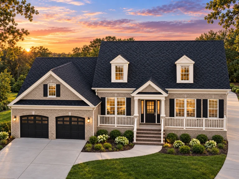 Front elevation of a Cape Cod style home with horizontal siding, brick foundation, dormer windows, and a welcoming covered front porch