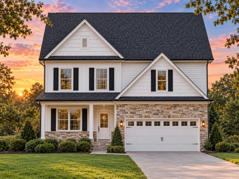Narrow Lot House Plans 21 Front view of a Traditional Colonial and New American style home featuring a mix of stone and horizontal lap siding with black shutters and a covered front porch