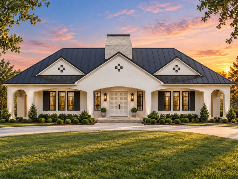 Coastal Farmhouse Plans 18 Front elevation of Modern French Country style home with smooth stucco exterior, black standing seam metal roof, symmetrical windows, and arched porch entry
