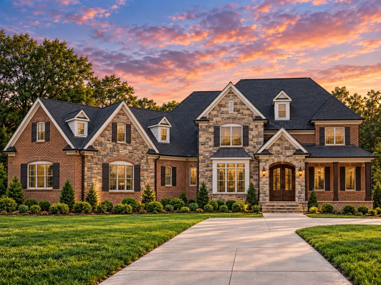 Front elevation of a Traditional Colonial style brick home with symmetrical façade, gabled rooflines, classic shutters, and formal entry