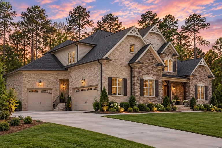 House Plans with Spacious Laundry Room 7 Front elevation of a French Country and Traditional style home featuring stone and brick exterior, gabled rooflines, and elegant architectural symmetry