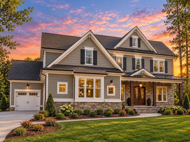 Front elevation of a New American Modern Traditional house featuring stone accents, horizontal siding, gabled rooflines, and a covered front porch