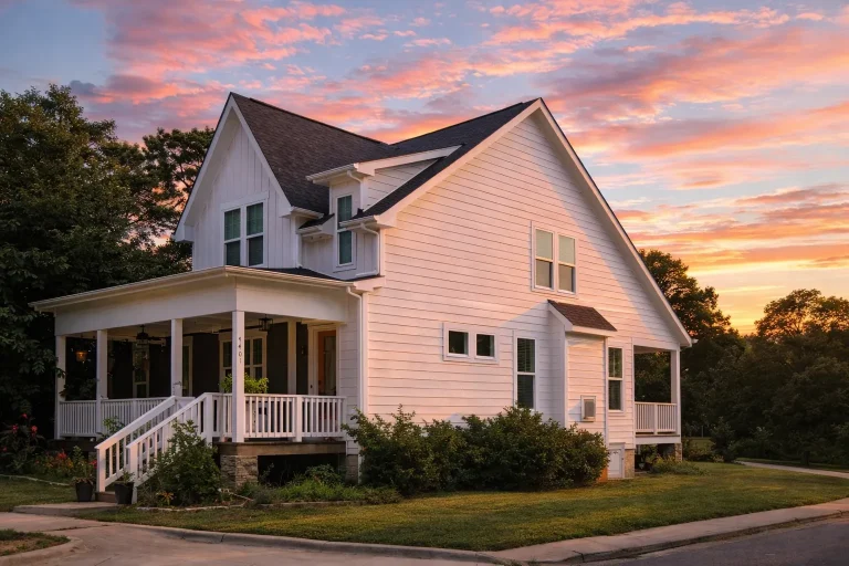 Front elevation of a Modern Farmhouse with white board and batten siding, dark roof, stone foundation, and classic covered porch columns