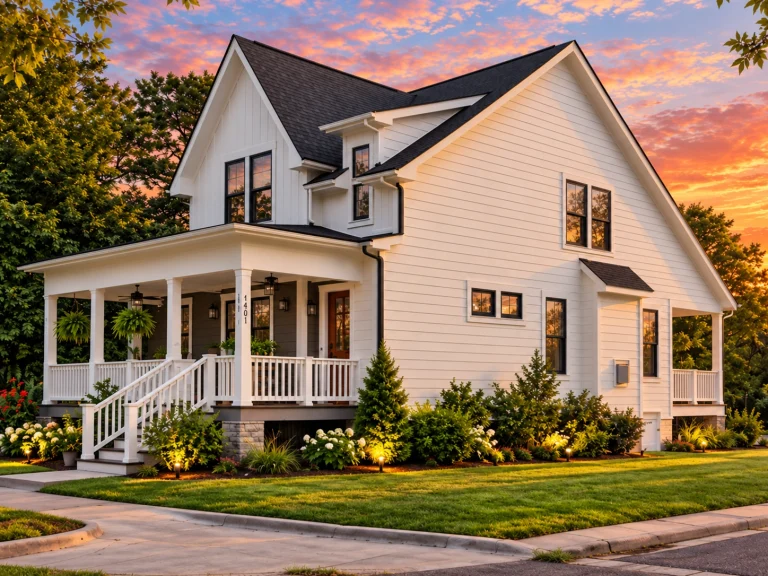 Front elevation of a Modern Farmhouse with white board and batten siding, dark roof, stone foundation, and classic covered porch columns