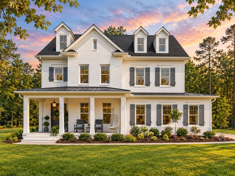 Front elevation of a Colonial and Classical Southern style home with horizontal siding, symmetrical windows, dormers, and a covered wraparound porch