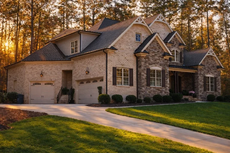 Front elevation of a French Country and Traditional style home featuring stone and brick exterior, gabled rooflines, and elegant architectural symmetry