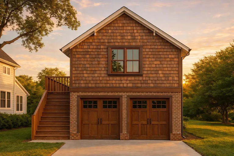 Front elevation of a Shingle Style carriage house garage apartment with cedar shake siding, brick base, and wood garage doors