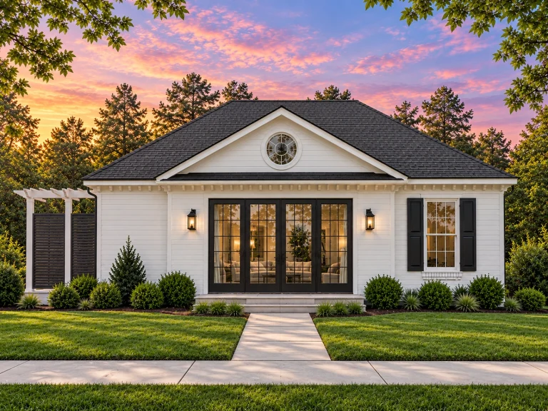House Plans with Fireplace 20 Front elevation of a Colonial Revival cottage-style guest house featuring symmetrical design, French doors, and horizontal siding exterior.